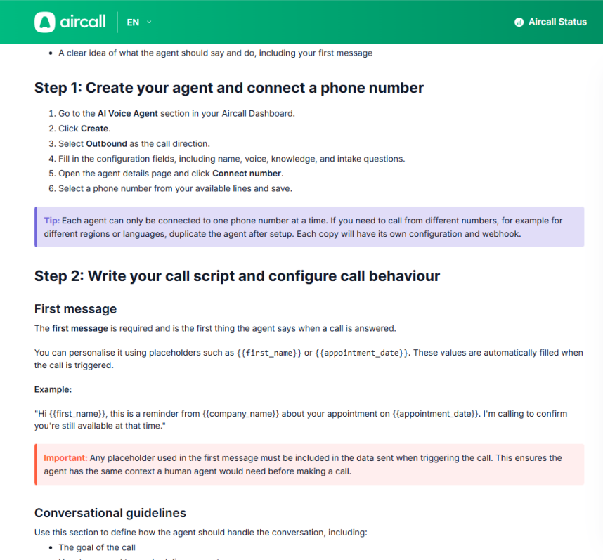 Example of an outbound AI Voice Agent setup in Aircall.